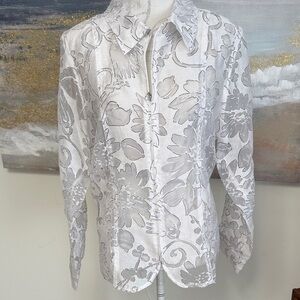 SUSAN GRAVER Jacket, Ling Sleeve, Collared, Zip front, Sheer, White/Gray/Black